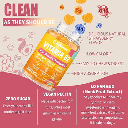 Vitamin B2 Gummies, Bioactive Form Riboflavin 400mg with Magnesium & CoQ10 for Energy & Nervous System Support, Sugar Free B2 Vitamin VIT B, Vegan, 60 Cts