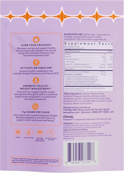 Lemme Curb Cravings Soft Chews - Reduce Appetite, Support Healthy Diet, Metabolism & Lean Body w/Clinically Studied Chromium, Gymnema & B12, No Added Sugar, Mixed Berry, 30 Count (Month Supply)