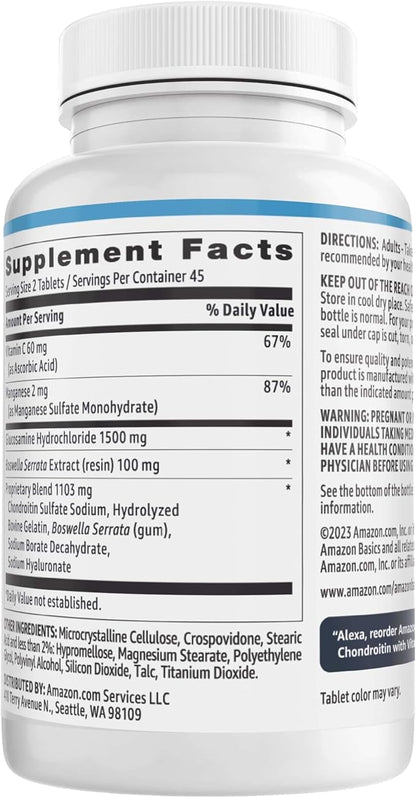 Amazon Basics Glucosamine 1500 mg with Chondroitin and Vitamin C 60 mg, 90 Tablets (2 per serving), Gluten Free