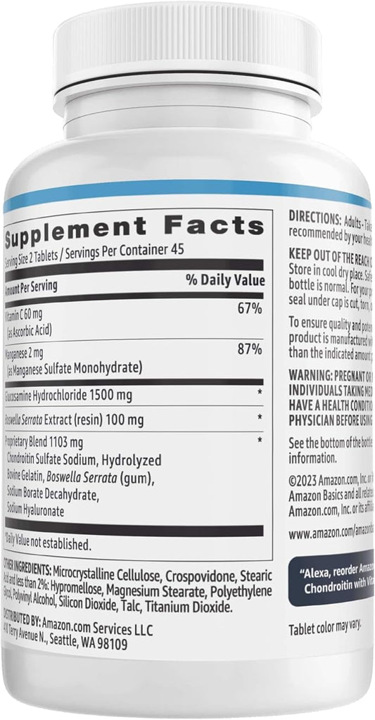Amazon Basics Glucosamine 1500 mg with Chondroitin and Vitamin C 60 mg, 90 Tablets (2 per serving), Gluten Free