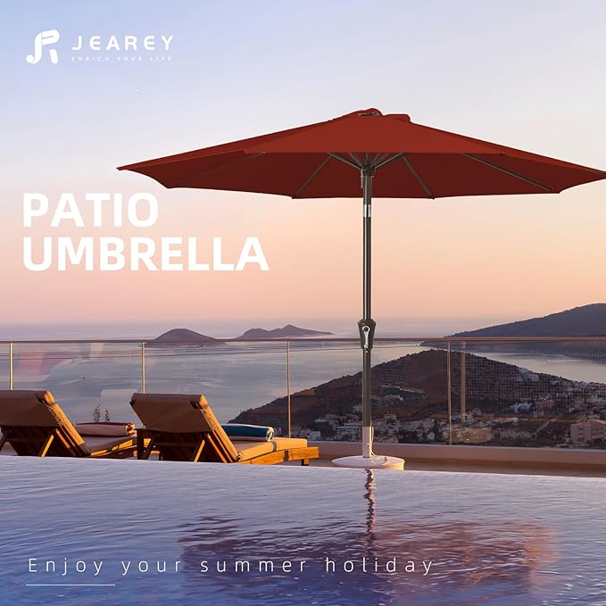 JEAREY 9FT Outdoor Patio Umbrella Outdoor Table Umbrella with Push Button Tilt and Crank, Market Umbrella 8 Sturdy Ribs UV Protection Waterproof for Garden, Deck, Backyard, Pool (Deep Red)