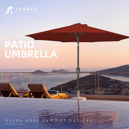 JEAREY 9FT Outdoor Patio Umbrella Outdoor Table Umbrella with Push Button Tilt and Crank, Market Umbrella 8 Sturdy Ribs UV Protection Waterproof for Garden, Deck, Backyard, Pool (Deep Red)