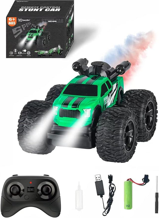 RC Stunt Car, RC Monster Trucks 4x4 Offroad, 4WD 360° Flips Rotating Toys for Boys and Girls, Toddler Remote Control Car with Spray Function, Ideal Birthday for Kids (Green)