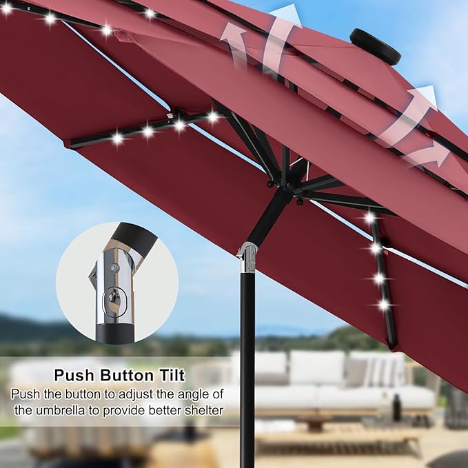 ABCCANOPY 3 Tiers 11FT Solar Led Lighted Patio Umbrellas (Burgundy)