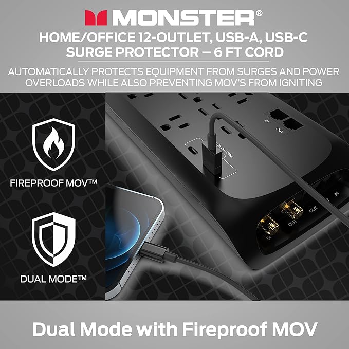 Monster Black Heavy Duty Surge Protector Power Strip 6 ft Cord with 12 120V-Outlet Extension, 2 Ethernet Switch Ports, 4050J Rating, 1 USB-A, and 1 USB-C Charging Ports – Ideal for Computers & Offices