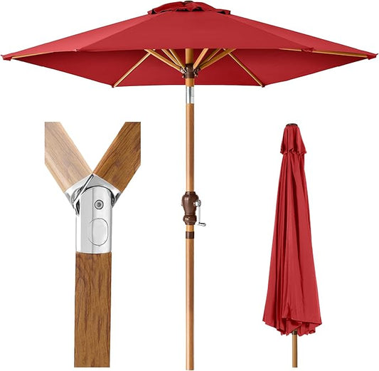 Best Choice Products 10ft Market Umbrella, Outdoor Sun Shade for Backyard, Deck, Poolside, Table w/Woodgrain Pattern, Easy Tilt & Crank - Red