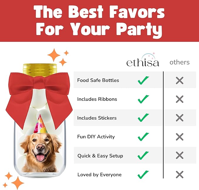 Small 12 Pack Dog Party Favors - DIY Candy Jars with Ribbons and Stickers - Puppy Pawty Decoration Bottles for Birthday, School Classroom - Paw Pup Treat Table Centerpiece for Kids and Adults