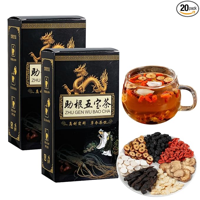 SIRDIKA Ginseng Five Treasures Tea Kidney Tea, Zhu Gen Wu Bao Cha, Wubao Tea - Chinese Kidney Care Tea, Men’s Herbal Tea (20bag/2boxes)