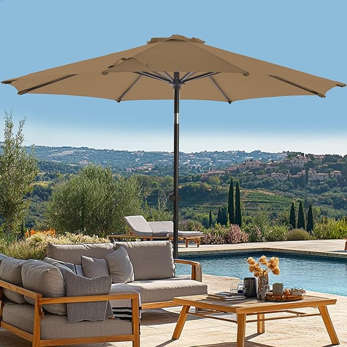 wikiwiki 11 FT Patio Umbrellas Outdoor Table Market Umbrella with Push Button Tilt/Crank, 8 Sturdy Ribs, Fade Resistant Waterproof POLYESTER DTY Canopy for Garden, Lawn, Deck, Backyard & Pool, Tan
