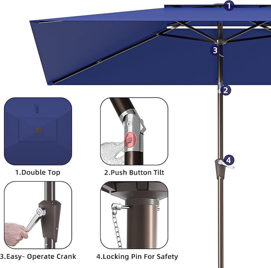 6.6x10ft Rectangular Patio Umbrella, 2 Tiers Outdoor Table Umbrellas with Push Button Tilt and Crank for Patio, Pool, Backyard, Deck, Picnic, Yard (Navy)