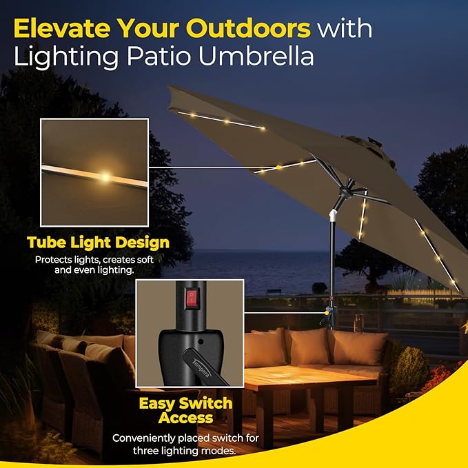 Tempera Solar Patio Umbrella 40 LED Lighted Outdoor Umbrella Table Market Umbrella with Push Button Tilt and Crank, Solar Umbrella with Sturdy Pole&Fade Resistant Canopy, Easy to Set