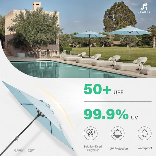 JEAREY 7.5FT Patio Umbrellas Outdoor Umbrella Table Market Umbrella with 6 Ribs,Tilt Button for Pool Deck Backyard Garden,Light Blue