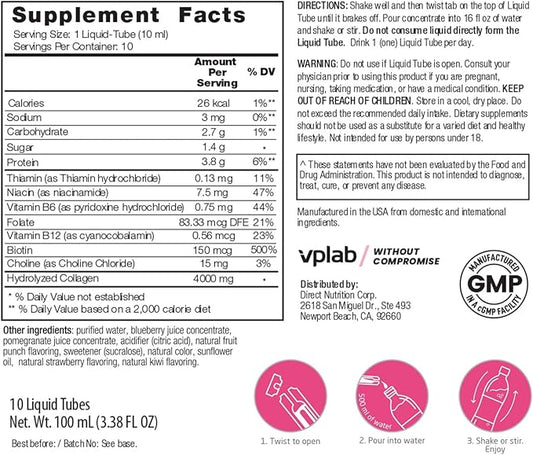 VPLab Ultra Women's Beauty Liquid Collagen - Biotin-Infused Multivitamin Complex with Peptides Type I & III Supplement for Skin, Hair & Nails - Drink Mix for Women Packed with Vitamin B Group,10