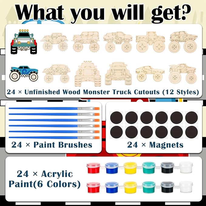 24 Pcs Unfinished Wood Monster Truck Cutouts Crafts Truck Party Favors Vehicles to Paint Wooden Car Magnets Ornaments DIY Tags Gift for Car Party Decoration Craft Project