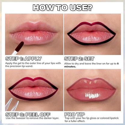 3PCS Peel Off Lip Liner Stain Set, Tattoo Lip Liner Peel Off Lip Stain with Tweezer, Long Lasting, Waterproof, Transfer-proof, Highly Pigmented Matte Finish Lip Tint Stain