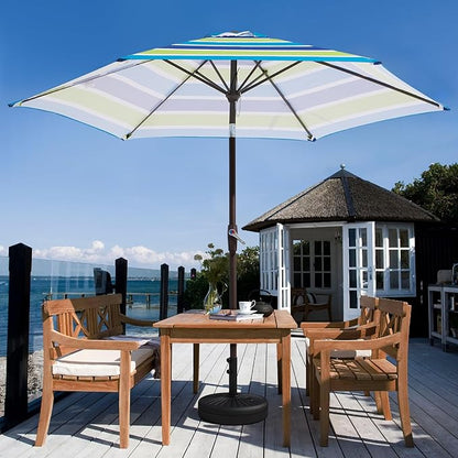 JEAREY 7.5FT Patio Umbrella Market Table Umbrella with 6 Sturdy Ribs, Push Button Tilt/Crank Outdoor Umbrella for Garden, Deck, Backyard, Pool and Beach,Bold Blue-Green Stripe