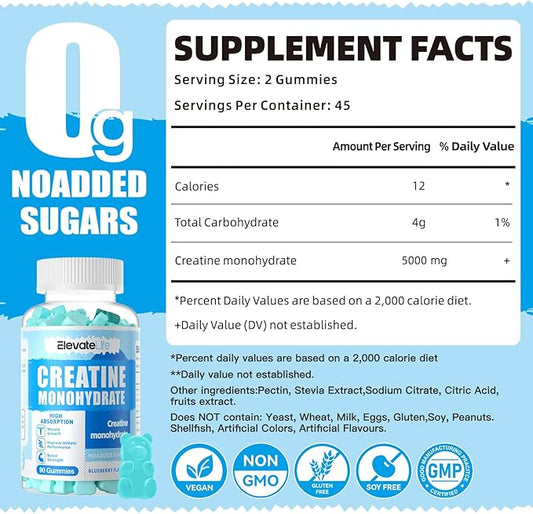 Creatine Monohydrate Gummies 5000mg for Men & Women, Chewables Creatine Monohydrate for Muscle Strength, Muscle Builder, Energy Boost, Pre-Workout Supplement(90 Count)-Blueberry