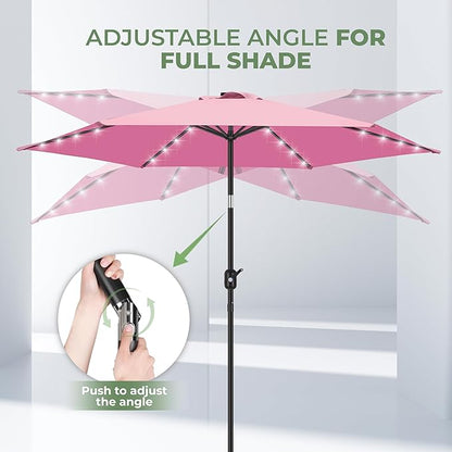 FRUITEAM Solar Lights Patio Umbrella, 7.5FT Heavy Duty Outdoor Umbrella with High-Strength Frame & LED Lights, All-Weather UV Protection Sun Shade for Poolside, Garden, Backyard (Pink)