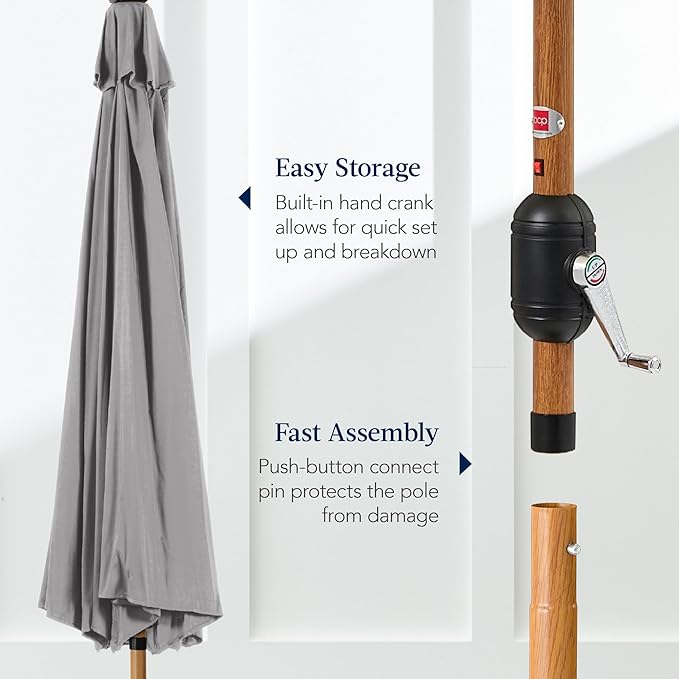Best Choice Products 10ft Solar Market Patio Umbrella w/Woodgrain Pattern Pole, LED Lights, Tilt & Crank – Outdoor Sun Shade for Backyard Table, Deck, Poolside – Fog Gray