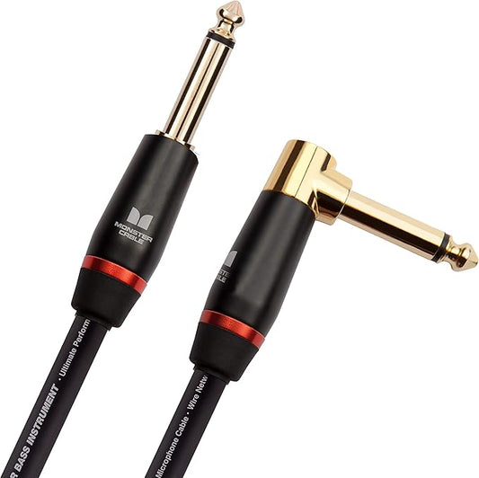 Monster Prolink Bass Instrument Cable – 12ft Right Angle to Straight Guitar Cable with 95% Copper Shielding