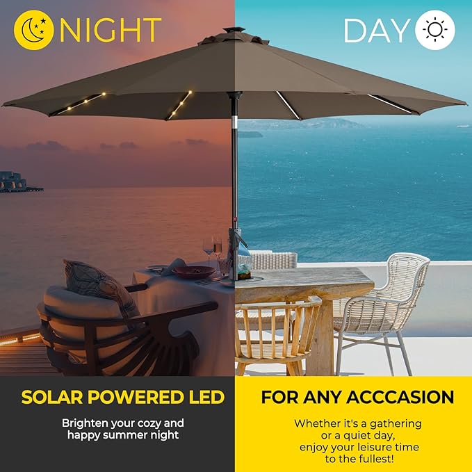 Tempera Solar Patio Umbrella 40 LED Lighted Outdoor Umbrella Table Market Umbrella with Push Button Tilt and Crank, Solar Umbrella with Sturdy Pole&Fade Resistant Canopy, Easy to Set