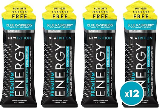 NewTrition Extra Strength Energy Shots, Caffeine Energy Shots with Vitamin B & Amino Acids, Sugar-Free Vitamin Energy Shot, 1.7 fl oz, Blue Raspberry, 12 Count