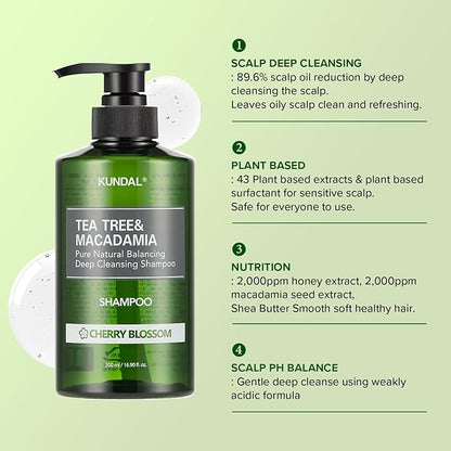 KUNDAL Tea Tree & Macadamia Deep Cleansing Shampoo [Jasmine Woody] - Korean Hair Care, Scalp Care, Tea Tree extract, For All hair Types 10.14fl oz (pack of 1)