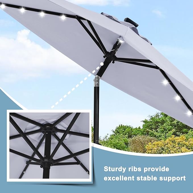 ABCCANOPY Durable Solar Led Patio Umbrellas with 24LED Lights 7.5FT with 6 Sturdy Ribs (Fog Gray)