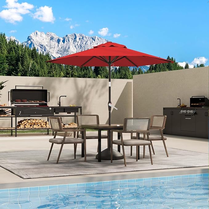 7.5FT Patio Umbrella Table Market Umbrella w/Tilt and Crank Heavy-Duty Round Outdoor Umbrellas for Garden, Deck, Backyard, Pool and Beach, Red