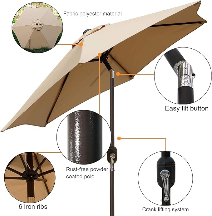 Blissun 7.5 ft Patio Umbrella, Yard Umbrella, Outdoor Market Umbrella with Push Button Tilt Crank (Tan)