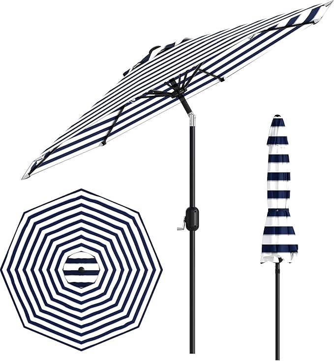9FT Patio Umbrella Outdoor, Market Umbrella, Table Umbrella with Push Button Tilt and Crank, 8 Sturdy Ribs UV Protection Waterproof for Garden, Pool, Deck, Backyard (Light-blue-and-white striped)