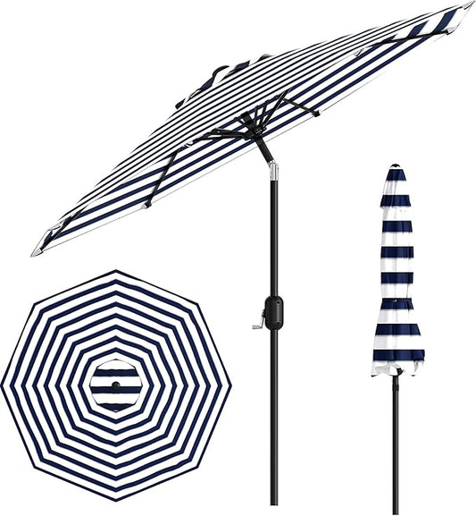 9FT Patio Umbrella Outdoor, Market Umbrella, Table Umbrella with Push Button Tilt and Crank, 8 Sturdy Ribs UV Protection Waterproof for Garden, Pool, Deck, Backyard (Light-blue-and-white striped)