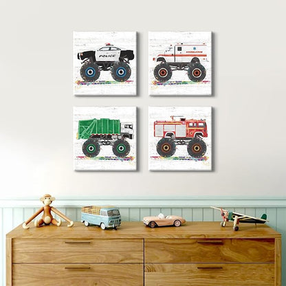 Monster Truck Wall Decor Car Posters for Boys Room Wall Art Cartoon Firetruck Garbage Police Ambulance Vehicle Canvas Pictures Artwork Toddler Room Decor Kids Bedroom Nursery Home Decoration 12×12"