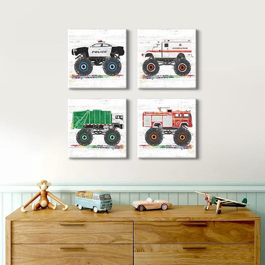 Monster Truck Wall Decor Car Posters for Boys Room Wall Art Cartoon Firetruck Garbage Police Ambulance Vehicle Canvas Pictures Artwork Toddler Room Decor Kids Bedroom Nursery Home Decoration 12×12"