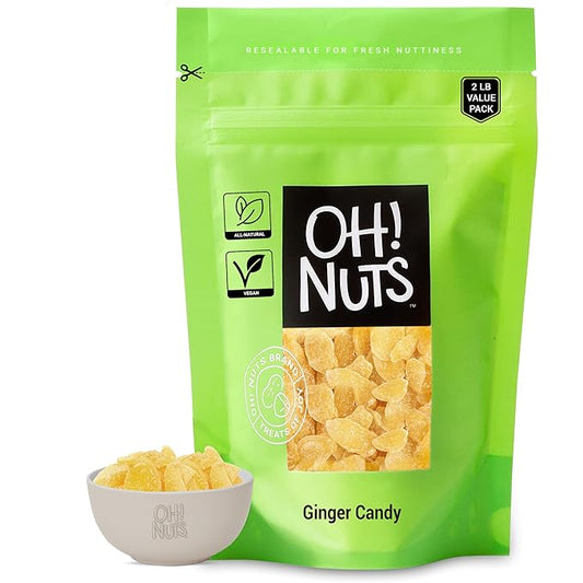 Oh! Nuts Ginger Candy - 2 lb - Dried Fruit Slices - with Crystallized Sugar Candied Coating - Dehydrated Fruit Bites - Packed in New York Zip-Seal Bag for Exceptional Freshness