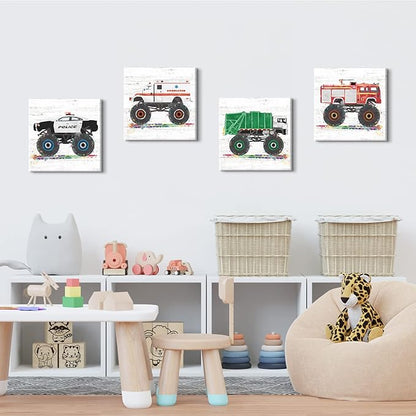 Monster Truck Wall Decor Car Posters for Boys Room Wall Art Cartoon Firetruck Garbage Police Ambulance Vehicle Canvas Pictures Artwork Toddler Room Decor Kids Bedroom Nursery Home Decoration 12×12"