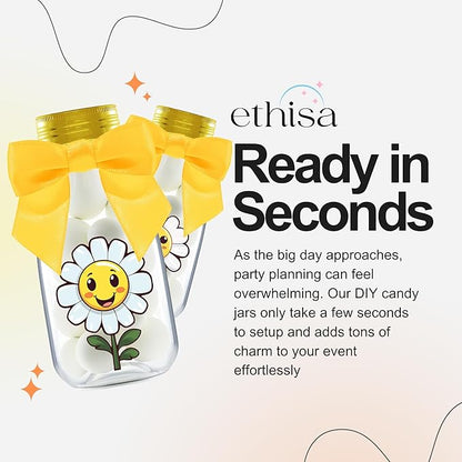 Small 12 Pack Daisy Party Favors - DIY Candy Jars with Ribbons and Stickers - Party Decoration Bottles for Birthday, School Classroom and Baby Shower - Flower Table Centerpiece Gifts for Kids