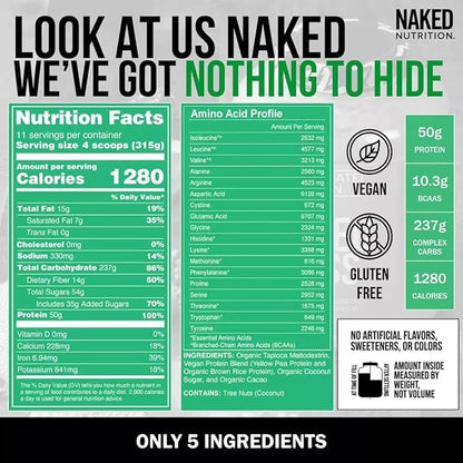 Naked Mass - Chocolate Vegan Weight Gainer - 8Lb Bulk, GMO Free, Gluten Free, Soy Free & Dairy Free. No Artificial Ingredients - 1,280 Calories - 11 Servings