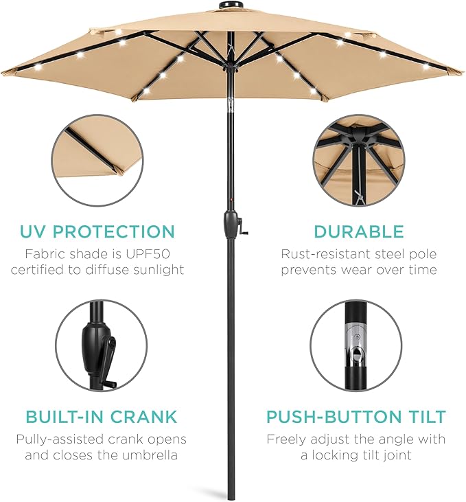 Best Choice Products 7.5ft Outdoor Solar Market Table Patio Umbrella for Deck, Pool w/Tilt, Crank, LED Lights - Sand