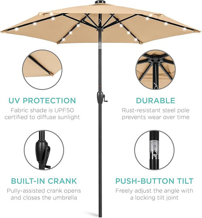 Best Choice Products 7.5ft Outdoor Solar Market Table Patio Umbrella for Deck, Pool w/Tilt, Crank, LED Lights - Sand