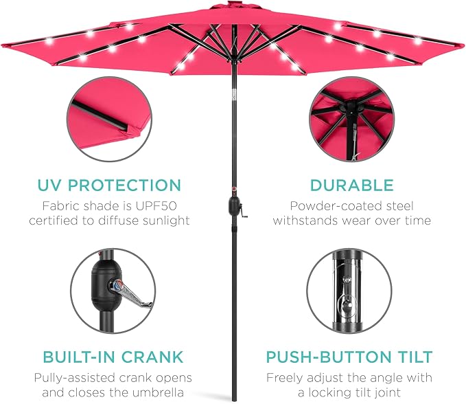 Best Choice Products 10ft Solar Polyester LED Lighted Patio Umbrella w/Tilt Adjustment and UV-Resistant Fabric - Hot Pink
