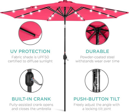 Best Choice Products 10ft Solar Polyester LED Lighted Patio Umbrella w/Tilt Adjustment and UV-Resistant Fabric - Hot Pink