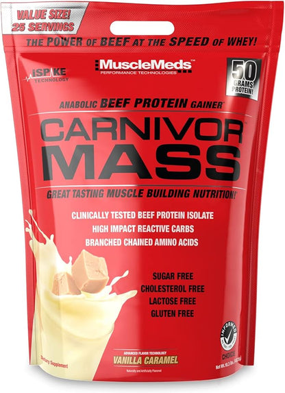 MuscleMeds Carnivor Mass Anabolic Beef Protein Gainer, Vanilla Caramel, 10 Pounds