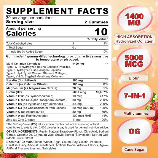 Sugar Free Hydrolyzed Collagen Peptides Gummies for Women, Multi Hydrolyzed Collagen Type I II III V X Supplement w/Keratin Calcium Magnesium for Hair, Skin & Nails, Healthy Joints, Anti-Aging, 60cts