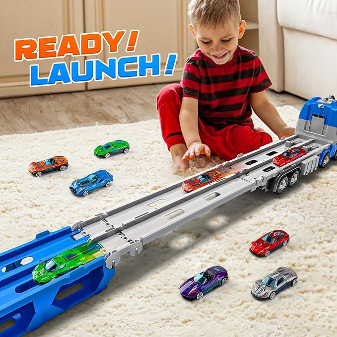 Dinosaur Truck Toys for Boys, Foldable Track Monster Trucks with 6 Mini Alloy Cars - Race Car Toys for Toddlers 2-4, 3-5 Years Transport Carrier for Kids Boys & Girls Play Set