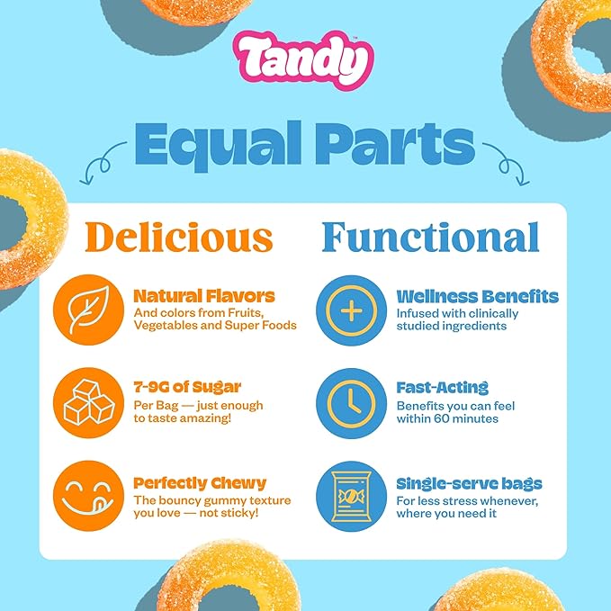 Tandy Mellow Rings L-Theanine Gummies I Relaxation Gummies with Juicy Peach Flavor I Calming Gummies for Adults I Gluten-Free Fast-Acting Dietary Supplement Gummy I 6-Pack
