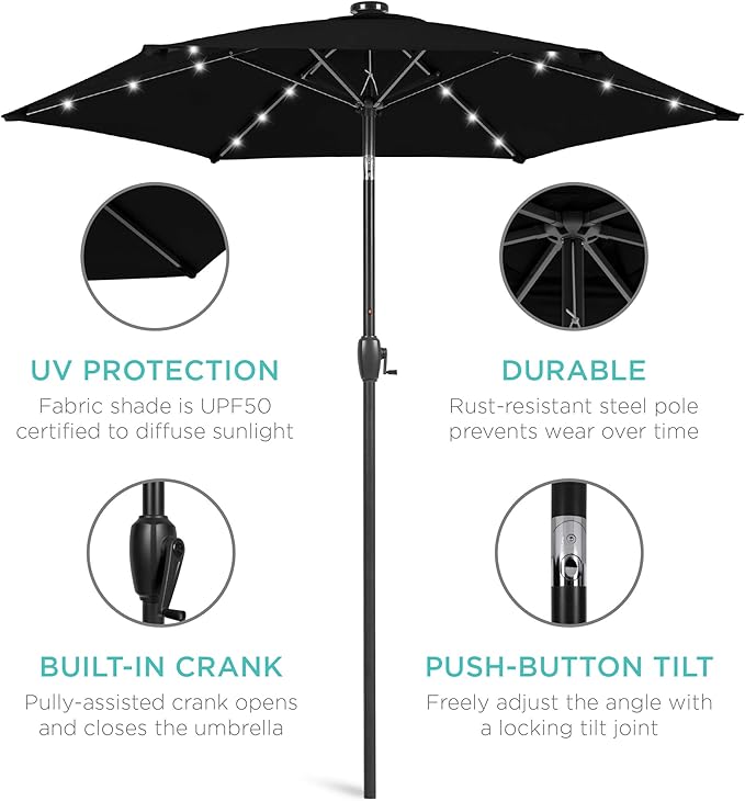 Best Choice Products 7.5ft Outdoor Solar Market Table Patio Umbrella for Deck, Pool w/Tilt, Crank, LED Lights - Black