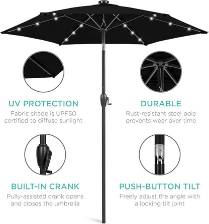Best Choice Products 7.5ft Outdoor Solar Market Table Patio Umbrella for Deck, Pool w/Tilt, Crank, LED Lights - Black