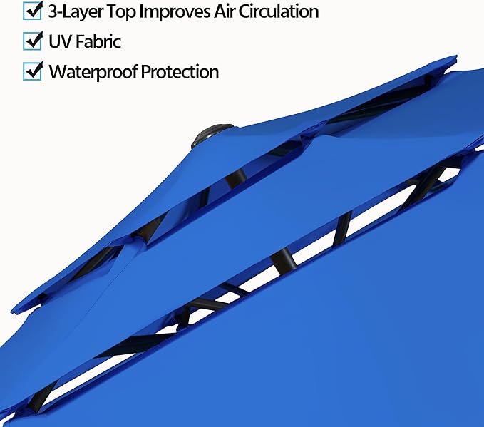 Yaheetech 3 Tier Patio Umbrella 10ft Vented Outdoor Large Market Table Umbrella with 8 Sturdy Ribs and 1.5" Umbrellla Pole, Double-layer Cloth & Push-button Tilting & Crank for Pool/Garden/Lawn Blue