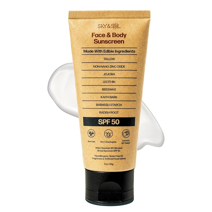 Non-Toxic Natural Mineral Sunscreen SPF 50 | Safest Organic Natural Tallow & Zinc Oxide Sunblock | Reef Safe, Clean Non-Greasy Formula for Face and Body | Women and Men. 3 oz (85 g)